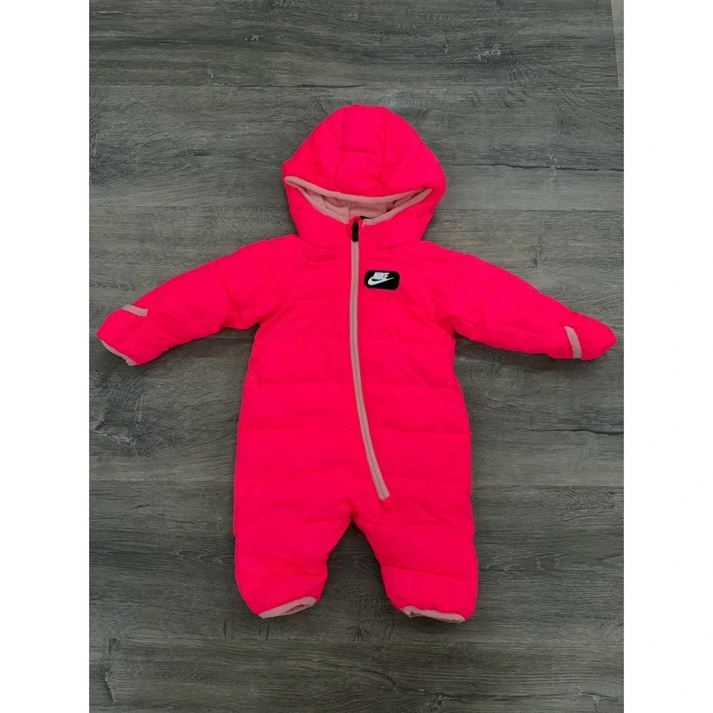 NIKE Newborn Baby Snowsuit 0-3M Neon Pink Puffer Bunting Hooded Fleece Lined